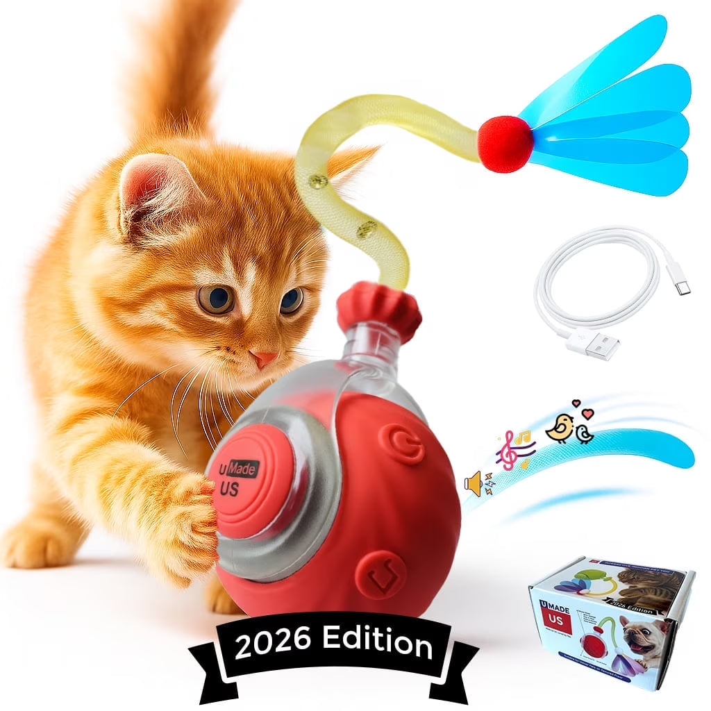 Umadeus Interactive Cat Ball Toy with Tail for Indoor Cats Kittens – 2026 - Automatic Smart Rolling Motion Pet Exercise for Small Dogs | Rechargeable Motion-Activated, USB Charging Self-Play (RED)