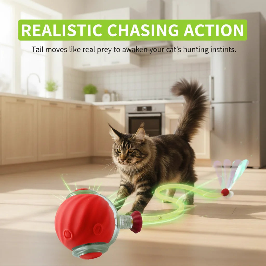 Umadeus Interactive Cat Ball Toy with Tail for Indoor Cats Kittens – 2026 - Automatic Smart Rolling Motion Pet Exercise for Small Dogs | Rechargeable Motion-Activated, USB Charging Self-Play (RED)